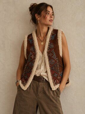 House of Harlow Vintage Western Sherpa Vest Embroidered BohoShearlingLined Brown